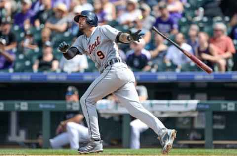 DENVER, CO – AUGUST 30: Nicholas Castellanos #9 of the Detroit Tigers watches the flight of a third inning solo homerun against the Colorado Rockies at Coors Field on August 30, 2017 in Denver, Colorado. (Photo by Dustin Bradford/Getty Images)