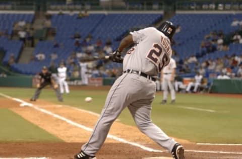 Detroit Tigers designated hitter Dmitri Young drives a ball down the right field line August 2, 2006 in St. Petersburg. The Tigers swept the series against the Tampa Bay Devil Rays with an 8 – 3 win and Young had a home run. (Photo by A. Messerschmidt/Getty Images)