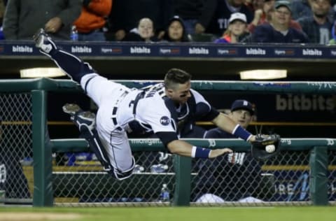 DETROIT, MI – MAY 20: Catcher James McCann #34 of the Detroit Tigers makes the catch on a foul ball hit by Joey Gallo of the Texas Rangers during the seventh inning at Comerica Park on May 20, 2017 in Detroit, Michigan. (Photo by Duane Burleson/Getty Images)