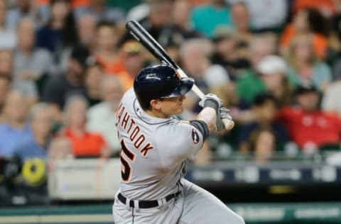 HOUSTON, TX – MAY 23: Mikie Mahtook #15 of the Detroit Tigers hits a two-run home run in the seventh inning against the Houston Astros at Minute Maid Park on May 23, 2017 in Houston, Texas. (Photo by Bob Levey/Getty Images)