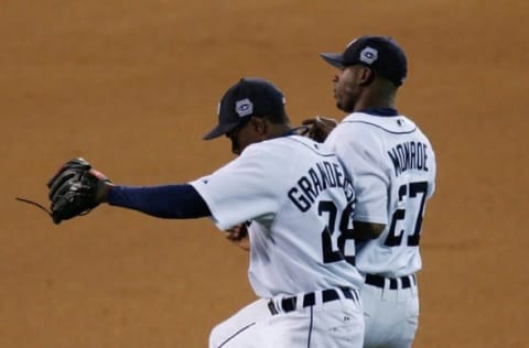 DETROIT – OCTOBER 22: Curtis Granderson #28 and Craig Monroe #27 of the Detroit Tigers celebrate after defeating the St. Louis Cardinals during Game Two of 2006 World Series October 22, 2006 at Comerica Park in Detroit, Michigan. The Tigers defeated the Cardinals 3-1 to tie the series 1-1. (Photo by Gregory Shamus/Getty Images)