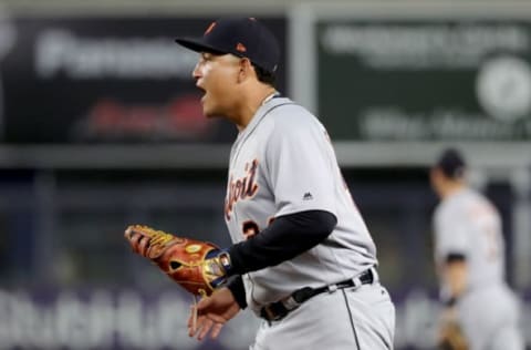 NEW YORK, NY – AUGUST 02: Miguel Cabrera #24 of the Detroit Tigers celebrates the last out of the game against the New York Yankees on August 2, 2017 at Yankee Stadium in the Bronx borough of New York City. (Photo by Elsa/Getty Images)