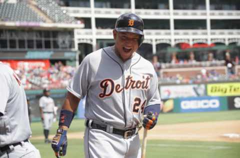 ARLINGTON, TX – AUGUST 14: Miguel Cabrera #24 of the Detroit Tigers reacts to the homerun by Ian Kinsler in the seventh inning against the Texas Rangers at Globe Life Park in Arlington on August 14, 2016 in Arlington, Texas. (Photo by Ronald Martinez/Getty Images)