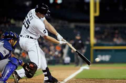 DETROIT, MI – SEPTEMBER 5: John Hicks #55 of the Detroit Tigers breaks his bat hitting an RBI-single against the Kansas City Royals that drove in Mikie Mahtook of the Detroit Tigers during the sixth inning at Comerica Park on September 5, 2017 in Detroit, Michigan. The Tigers defeated the Royals 13-2. (Photo by Duane Burleson/Getty Images)