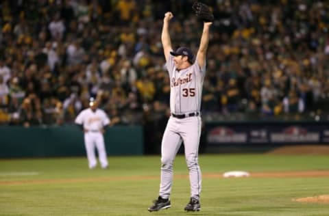 OAKLAND, CA – OCTOBER 11: Pitcher Justin Verlander #35 of the Detroit Tigers celebrates after the Tigers defeat the Oakland Athletics 6-0 in Game Five of the American League Division Series at O.co Coliseum on October 11, 2012 in Oakland, California. Verlander pitched a complete gae shut out as the Tigers advance to the American League Championship Series. (Photo by Ezra Shaw/Getty Images)