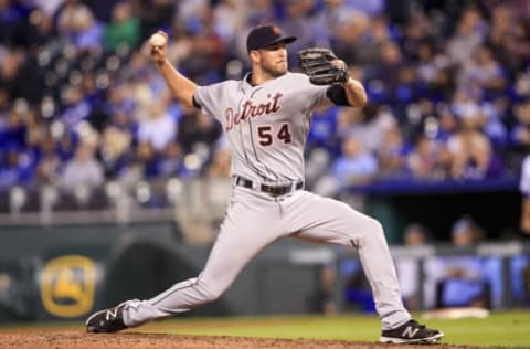 KANSAS CITY, MO – SEPTEMBER 26: Drew VerHagen #54 of the Detroit Tigers pitches against the Kansas City Royals during the seventh inning at Kauffman Stadium on September 26, 2017 in Kansas City, Missouri. (Photo by Brian Davidson/Getty Images)