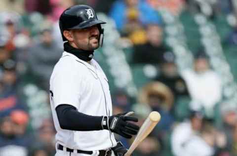 DETROIT, MI – APRIL 01: Nicholas Castellanos #9 of the Detroit Tigers reacts after striking out against the Pittsburgh Pirates during the ninth inning of game one of a double-header at Comerica Park on April 1, 2018 in Detroit, Michigan. The Pirates defeated the Tigers 1-0. (Photo by Duane Burleson/Getty Images)