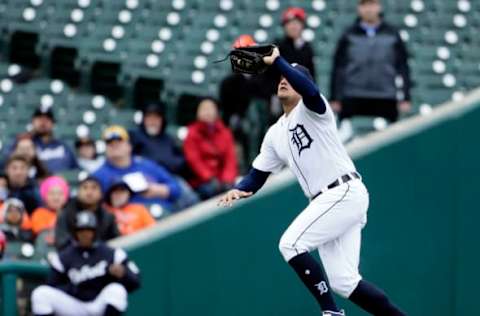 DETROIT, MI – APRIL 03: Left fielder Mikie Mahtook #8 of the Detroit Tigers catches a fly ball hit by Alex Gordon of the Kansas City Royals for an out during the second inning at Comerica Park on April 3, 2018 in Detroit, Michigan. (Photo by Duane Burleson/Getty Images)