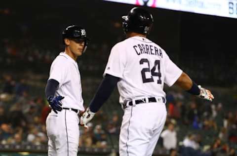 DETROIT, MI – APRIL 13: Miguel Cabrera #24 of the Detroit Tigers celebrates scoring a eighth inning run with JaCoby Jones #21 while playing the New York Yankees at Comerica Park on April 13, 2018 in Detroit, Michigan. New York won the game 8-6. (Photo by Gregory Shamus/Getty Images)