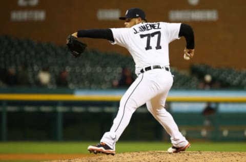 DETROIT, MI – APRIL 17: Joe Jimenez #77 of the Detroit Tigers throws a eighth inning pitch while playing the Baltimore Orioles at Comerica Park on April 17, 2018 in Detroit, Michigan. Detroit won the game 4-2. (Photo by Gregory Shamus/Getty Images)