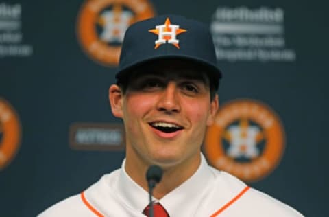 HOUSTON, TX – JUNE 19: Houston Astros first overall draft pick Mark Appel speaks to the media after signing with the team prior to the start of the game between the Milwaukee Brewers and the Houston Astros at Minute Maid Park on June 19, 2013 in Houston, Texas. (Photo by Scott Halleran/Getty Images)