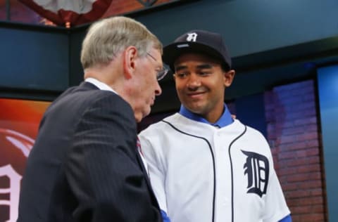 SECAUCUS, NJ – JUNE 5: Commissioner Allan H. Bud Selig, right, poses with Derek Hill, the 23rd overall pick, by the Detroit Tigers during the MLB First-Year Player Draft at the MLB Network Studio on June 5, 2014 in Secacucus, New Jersey. (Photo by Rich Schultz/Getty Images)