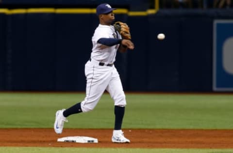 ST. PETERSBURG, FL – JULY 25: Second baseman Tim Beckham #1 of the Tampa Bay Rays gets the forced out at second base on Seth Smith of the Baltimore Orioles then turns the double play to first base for the out on Welington Castillo during the second inning of a game on July 25, 2017 at Tropicana Field in St. Petersburg, Florida. (Photo by Brian Blanco/Getty Images)