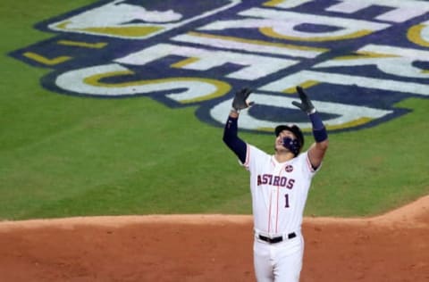 HOUSTON, TX – OCTOBER 29: Carlos Correa #1 of the Houston Astros reacts after hitting a two-run home run during the seventh inning against the Los Angeles Dodgers in game five of the 2017 World Series at Minute Maid Park on October 29, 2017 in Houston, Texas. (Photo by Tom Pennington/Getty Images)