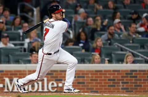 ATLANTA, GA – MARCH 30: Dansby Swanson #7 of the Atlanta Braves hits an RBI single during the fourth inning against the Philadelphia Phillies at SunTrust Park on March 30, 2018 in Atlanta, Georgia. (Photo by Daniel Shirey/Getty Images)