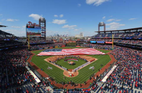 PHILADELPHIA, PA – APRIL 05: A general view of Citizens Bank Park during the national anthem before the game between the Miami Marlins and Philadelphia Phillies on April 5, 2018 in Philadelphia, Pennsylvania. (Photo by Drew Hallowell/Getty Images)