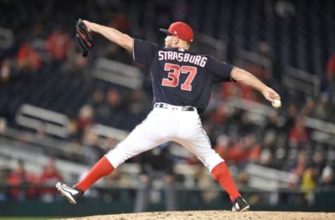 WASHINGTON, DC – APRIL 10: Stephen Strasburg #37 of the Washington Nationals pitches in the seventh inning during a baseball game against the Atlanta Braves at Nationals Park on April 10, 2018 in Washington, DC. (Photo by Mitchell Layton/Getty Images)