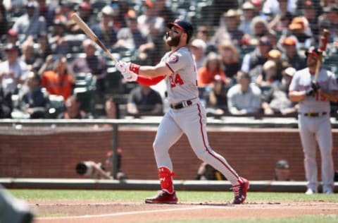 SAN FRANCISCO, CA – APRIL 25: Bryce Harper #34 of the Washington Nationals bats against the San Francisco Giants at AT&T Park on April 25, 2018 in San Francisco, California. (Photo by Ezra Shaw/Getty Images)