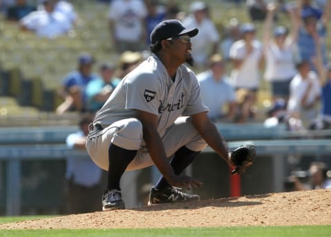 Closer Jose Valverde reacts as he watches a deep fly ball with the bases loaded and two out in the ninth inning, hit by Dioner Navarro on June 22, 2011 at Dodger Stadium. (Photo by Stephen Dunn/Getty Images)