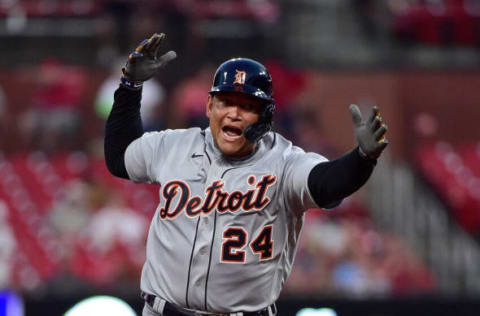 ST LOUIS, MO – AUGUST 24: Miguel Cabrera #24 of the Detroit Tigers reacts after hitting a solo home run during the third inning against the St. Louis Cardinals at Busch Stadium on August 24, 2021 in St Louis, Missouri. (Photo by Jeff Curry/Getty Images)