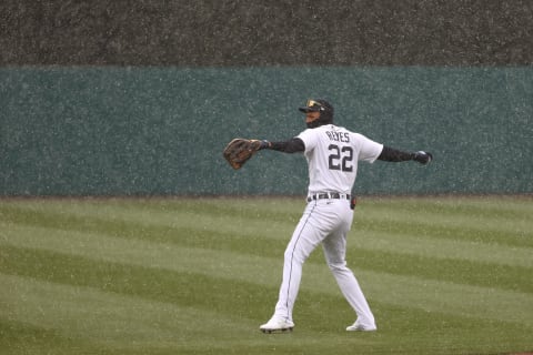 DETROIT, MICHIGAN – APRIL 01: Victor Reyes #22 of the Detroit Tigers warms up before playing the Cleveland Indians on Opening Day at Comerica Park on April 01, 2021, in Detroit, Michigan. (Photo by Gregory Shamus/Getty Images)