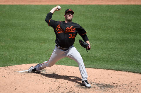 WASHINGTON, DC – MAY 23: Matt Harvey #32 of the Baltimore Orioles pitches against the Washington Nationals at Nationals Park on May 23, 2021, in Washington, DC. (Photo by G Fiume/Getty Images)