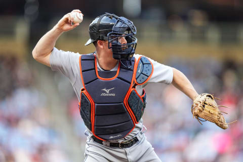 MINNEAPOLIS, MN – JULY 09: Jake Rogers #34 of the Detroit Tigers throws against the Minnesota Twins on July 9, 2021, at Target Field in Minneapolis, Minnesota. (Photo by Brace Hemmelgarn/Minnesota Twins/Getty Images)