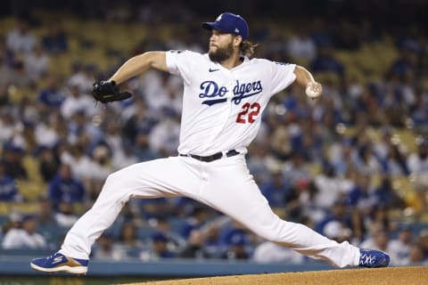 LOS ANGELES, CALIFORNIA – OCTOBER 01: Clayton Kershaw #22 of the Los Angeles Dodgers pitches against the Milwaukee Brewers during the first inning at Dodger Stadium on October 01, 2021, in Los Angeles, California. (Photo by Michael Owens/Getty Images)