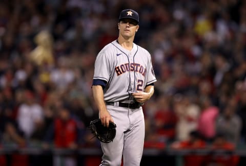 BOSTON, MASSACHUSETTS – OCTOBER 19: Zack Greinke #21 of the Houston Astros walks back to the dugout after he is taken out of the game against the Boston Red Sox in the second inning of Game Four of the American League Championship Series at Fenway Park on October 19, 2021, in Boston, Massachusetts. (Photo by Elsa/Getty Images)