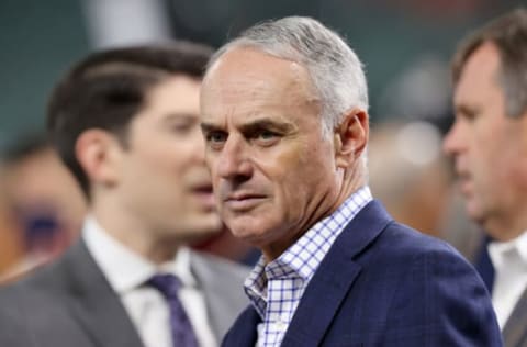 HOUSTON, TEXAS – OCTOBER 26: Major League Baseball Commissioner Rob Manfred looks on prior to Game One of the World Series between the Atlanta Braves and the Houston Astros at Minute Maid Park on October 26, 2021 in Houston, Texas. (Photo by Bob Levey/Getty Images)