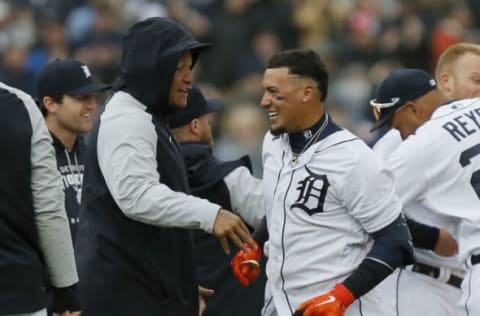 DETROIT, MI – April 8: Javier Baez #28 of the Detroit Tigers celebrates with Miguel Cabrera #24 after hitting a walk-off single to drive in Austin Meadows during the ninth inning of Opening Day and defeat the Chicago White Sox 5-4 at Comerica Park on April 8, 2022, in Detroit, Michigan. (Photo by Duane Burleson/Getty Images)