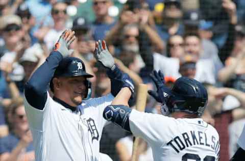 DETROIT, MI – APRIL 23: Spencer Torkelson #20 of the Detroit Tigers celebrates with Miguel Cabrera #24 after driving in Cabrera with a three-run home run during the first inning of Game One of a doubleheader against the Colorado Rockies at Comerica Park on April 23, 2022, in Detroit, Michigan. (Photo by Duane Burleson/Getty Images)