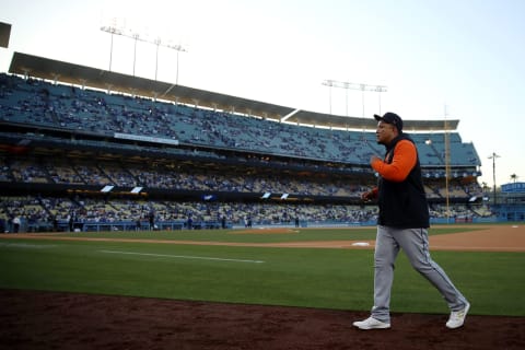 Miguel Cabrera walks into the dugout prior to the game against the Los Angeles Dodgers at Dodger Stadium on April 29, 2022. (Photo by Katelyn Mulcahy/Getty Images)