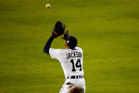 Austin Jackson catches a fly ball hit by Brandon Belt of the San Francisco Giants during Game 3 of the 2012 World Series. (Photo by Leon Halip/Getty Images)