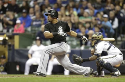 MILWAUKEE, WI – MAY 12: Jose Abreu #79 of the Chicago White Sox makes some contact at the plate during the interleague game against the Milwaukee Brewers at Miller Park on May 12, 2015 in Milwaukee, Wisconsin. (Photo by Mike McGinnis/Getty Images)