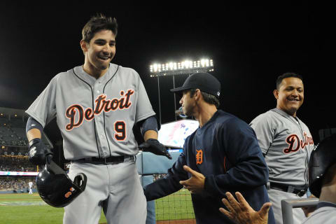 Nick Castellanos returns to the dugout after hitting a three-run home run at Dodger Stadium on April 9, 2014. (Photo by Lisa Blumenfeld/Getty Images)