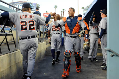 Coach Gene Lamont and catcher Victor Martinez get ready for the game against the Los Angeles Dodgers at Dodger Stadium on April 9, 2014. (Photo by Lisa Blumenfeld/Getty Images)