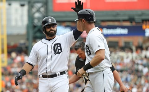 DETROIT, MI – JUNE 3: Alex Avila #31 of the Detroit Tigers celebrates after hitting a two-run home run in the fourth inning with teammate Andrew Romine #17 during the game against the Chicago White Sox on June 3, 2017, at Comerica Park in Detroit, Michigan. (Photo by Leon Halip/Getty Images)