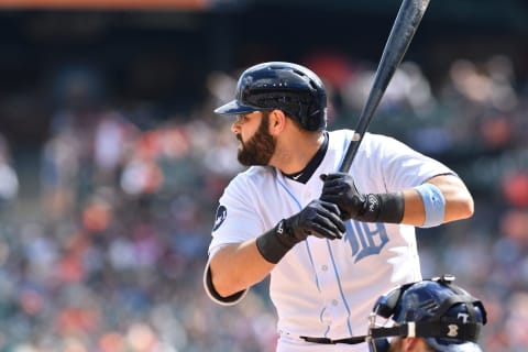 DETROIT, MI – JUNE 18: Alex Avila #31 of the Detroit Tigers bats during the game against the Tampa Bay Rays while wearing a special blue jersey for prostate cancer awareness on Father’s Day Weekend at Comerica Park on June 18, 2017, in Detroit, Michigan. The Rays defeated the Tigers 9-1. (Photo by Mark Cunningham/MLB Photos via Getty Images)