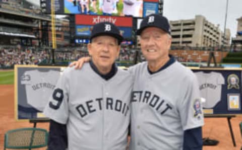 Former Detroit Tigers players Mickey Lolich (L) and Al Kaline (Photo by Mark Cunningham/MLB Photos via Getty Images)