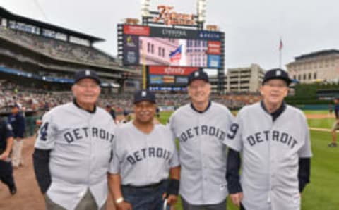 Former Detroit Tigers players Mickey Stanley, Willie Horton, Al Kaline and Mickey Lolich (Photo by Mark Cunningham/MLB Photos via Getty Images)