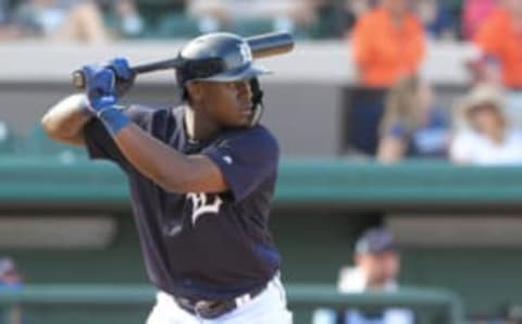 LAKELAND, FL – MARCH 02: Daz Cameron #75 of the Detroit Tigers bats during the Spring Training game against the Atlanta Braves at Publix Field at Joker Marchant Stadium on March 2, 2019, in Lakeland, Florida. The Tigers defeated the Braves 7-4. (Photo by Mark Cunningham/MLB Photos via Getty Images)