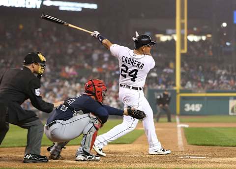 Miguel Cabrera hits a three-run home run in the seventh inning against the Atlanta Braves at Comerica Park on April 28, 2013. (Photo by Leon Halip/Getty Images)