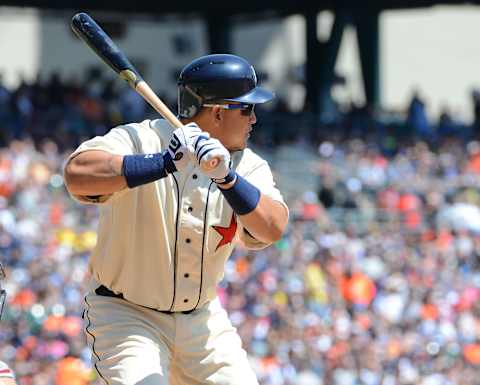 Miguel Cabrera bats while wearing a Detroit Stars Negro League Tribute uniform on April 27, 2013. (Photo by Mark Cunningham/MLB Photos via Getty Images)