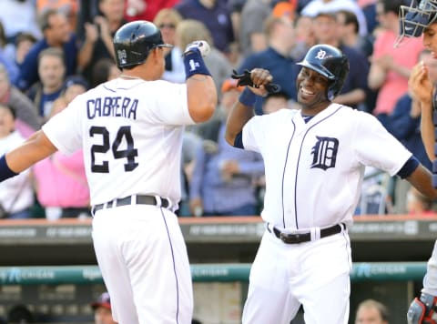 Miguel Cabrera and Torii Hunter celebrate a Cabrera home run during against the Minnesota Twins at Comerica Park on April 30, 2013. (Photo by Mark Cunningham/MLB Photos via Getty Images)