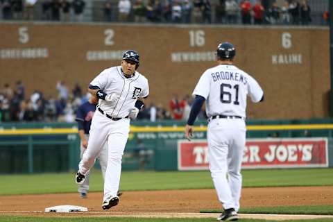 Miguel Cabrera rounds third base after a three run home run in the fourth inning against the Cleveland Indians at Comerica Park on May 10, 2013. (Photo by Leon Halip/Getty Images)