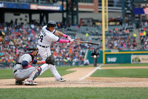 Miguel Cabrera connects with the ball at Comerica Park on May 12, 2013. (Photo by Duane Burleson/Getty Images)