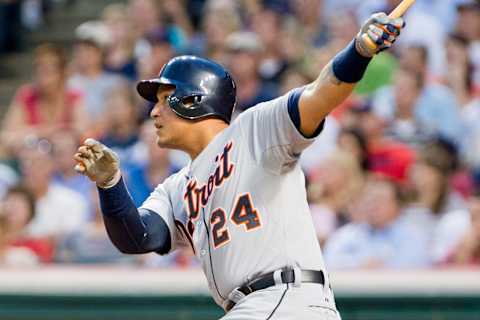 Miguel Cabrera hit a two run home run during the sixth inning against the Cleveland Indians on May 21, 2013. (Photo by Jason Miller/Getty Images)