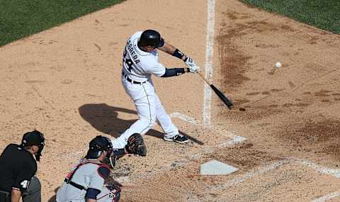 Miguel Cabrera bats against the Minnesota Twins at Comerica Park on May 25, 2013. (Photo by Leon Halip/Getty Images)