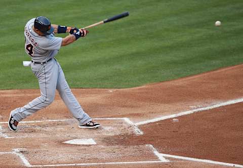 Miguel Cabrera hits in the first inning against the Texas Rangers on May 18, 2013 in Arlington. (Photo by Rick Yeatts/Getty Images)